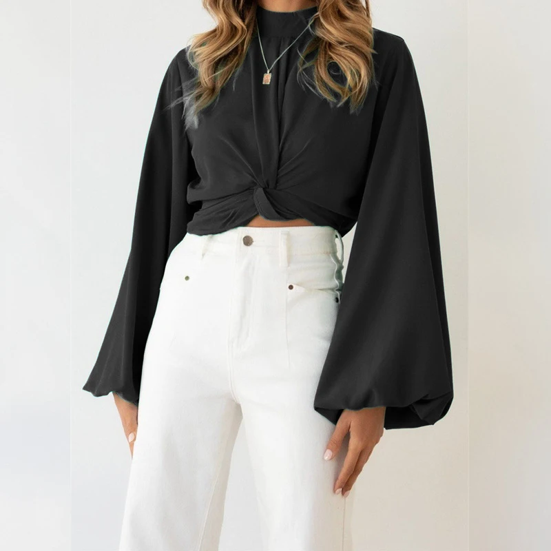 2022 Spring Autumn Women Elegant Sexy Slim Crop Top Fashion Casual Solid Lantern Long Sleeve Twist Shirts Blouse Female Clothing