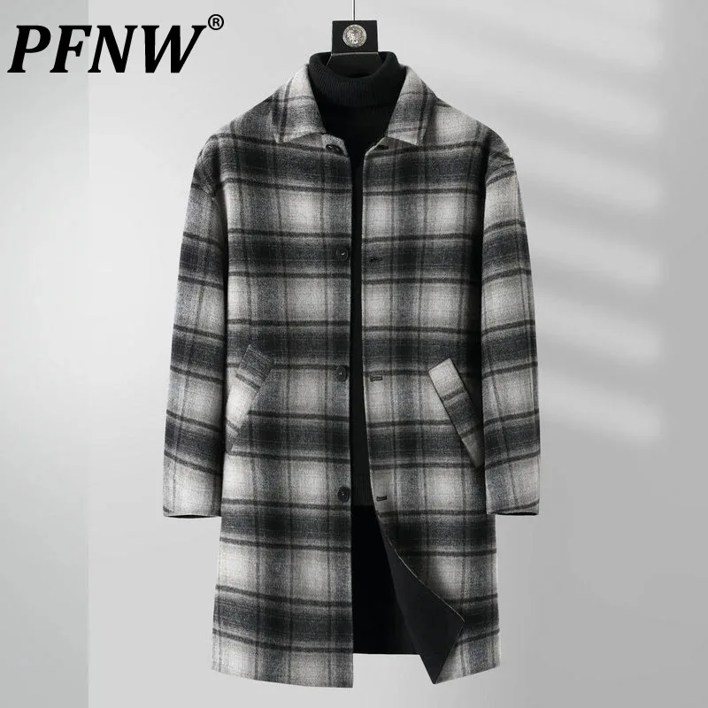 

PFNW Men's Windbreaker Autumn Winter New Tide Plaid High Street Woolen Trench Trend Medium Length Coat Fashion Elegant 12Z4509