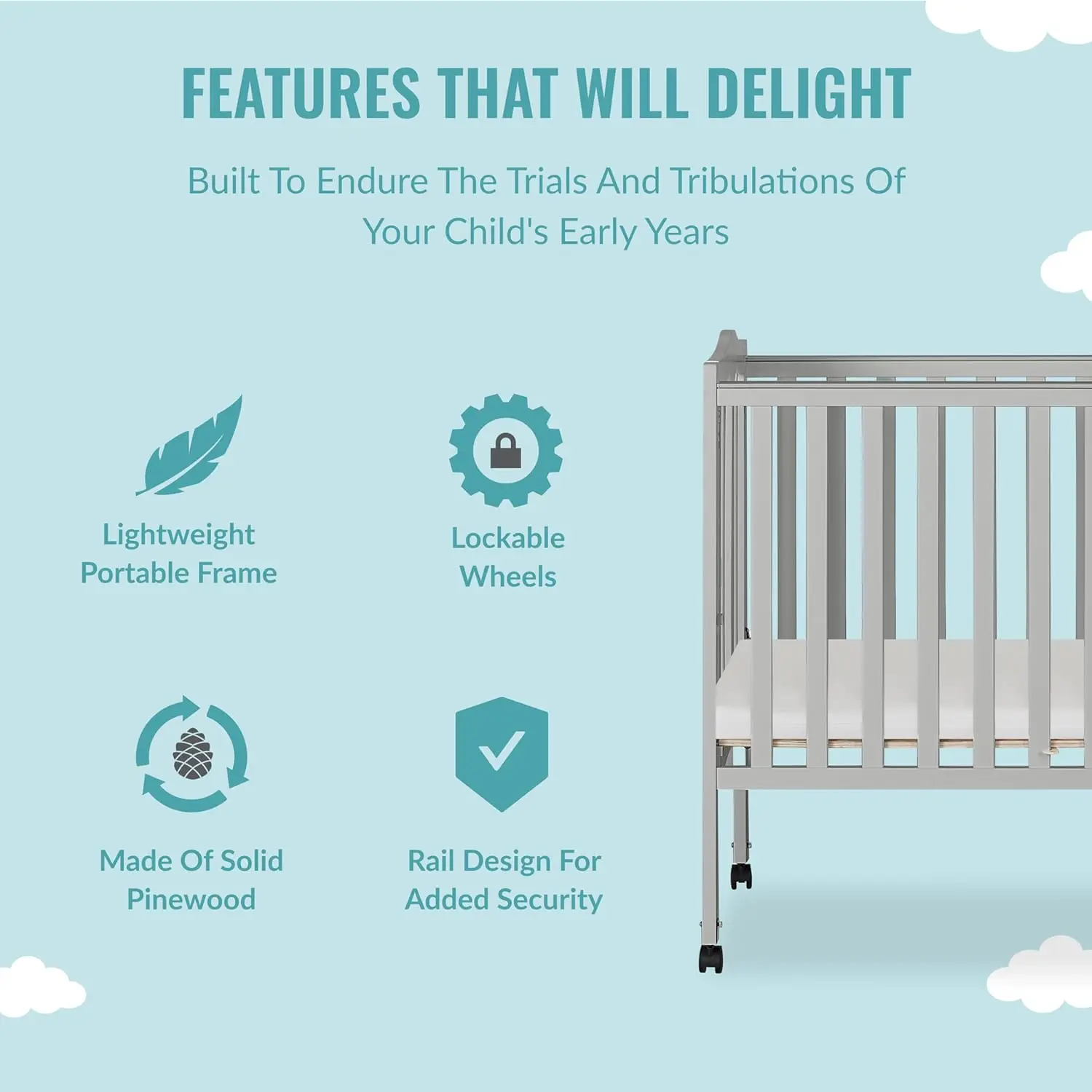 2-in-1 Lightweight Folding Portable Stationary Side Crib in Pebble Grey, Greenguard Gold Certified, Baby Crib to Playpen