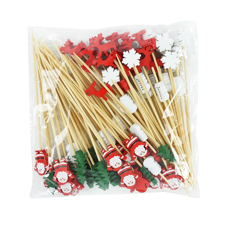 100pcs Christmas Toothpicks Food Picks Santa Claus Cupcake Dessert Fruit Salad Fork Party Vegetable Sticks Cocktail Bamboo Stick
