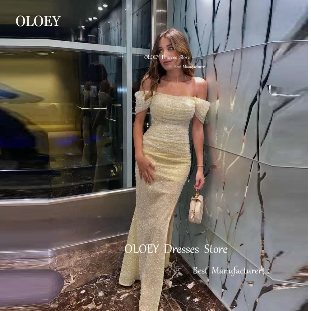 

OLOEY Sparkly Sequin Mermaid Long Evening Dresses Off the Shoulder Split Dubai Arabic Women Glitter Prom Gowns Formal Party