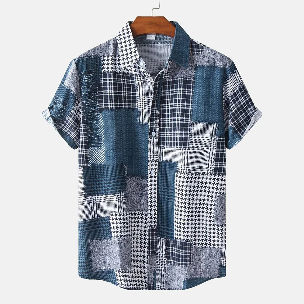 Men's Hawaii Shirt Summer Lapel Denim Patchwork Print Men's Shirt Casual Fashion Short Sleeve T Vintage Fun Menswear