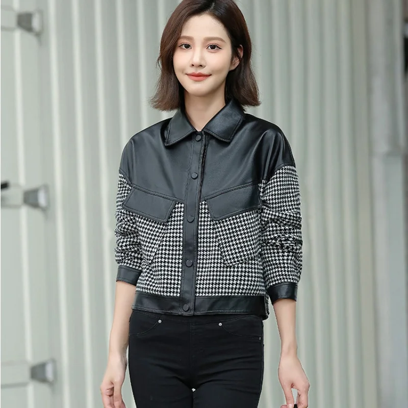 

Spring Autumn Lapel short PU leather jacket Women's Grid Spliced Leather Coat Trendy Single Breasted Outwear Motorcycle Suit