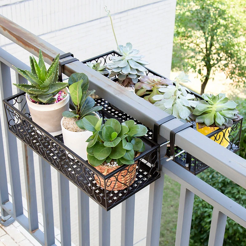 Balcony Flower Stand Wrought Iron Railing Multi-layer Hanging Flowers Pot Rack Wall Green Radish Succulent Plant Shelves
