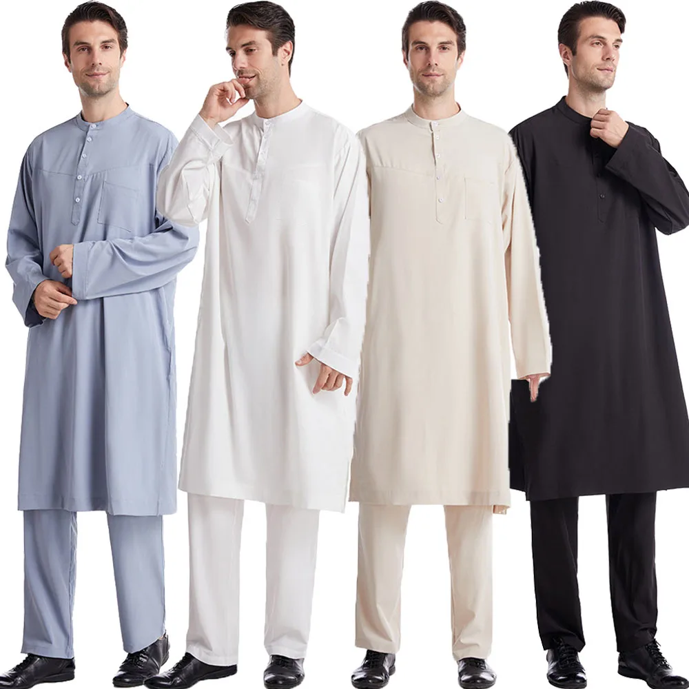 

2Pcs Saudi Arab Mens Jubba Jubbah Thobe Dress Dubai Abaya Muslim Long Sleeve Tops Pant Set Eid Ramadan Islam Clothes Middle East