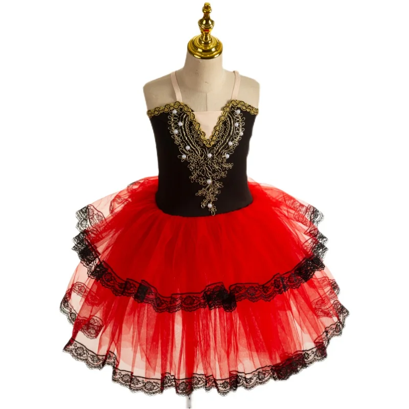 

Red Spainish Dress Ballet Tutu Romantic Skirt For Girls Soft Tulle Long Dress Performance Costumes