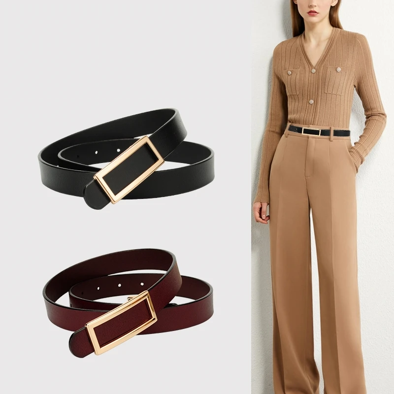 

Fashion Women Genuine Leather Belts Waist Belt Gold Solid Color Rectangle Buckle Waistband for Pants Jeans