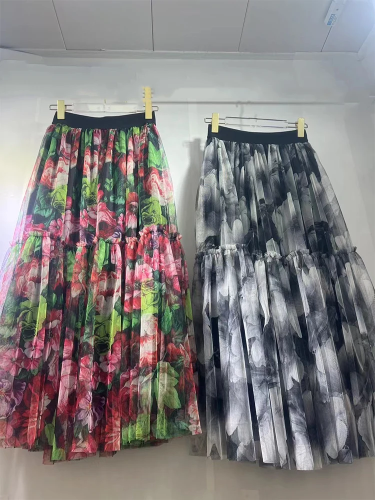 

Retro-printed gauze floral skirt with high waist and pleated skirt in spring and autumn new slim long A-shaped petticoat.