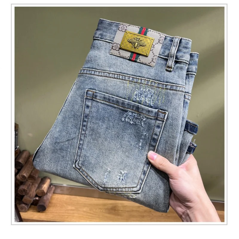 Personalized bear splicing patch Slim straight Heavy embroidery gangster handsome destruction of men's shorts men's models