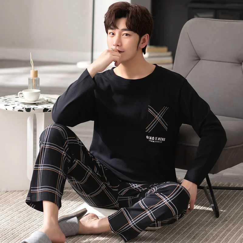 L-4XL Man Pajama Set Spring Autumn New Cotton Long Sleeve Sleepwear for Man Big Size Pullover Homewear Minimalist Boy Loungewear