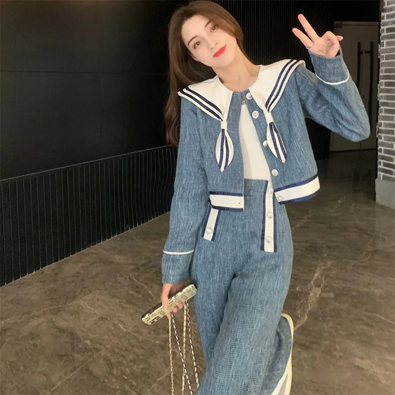 Fashion Women's Set 2023 Autumn/Winter Korean Version New Wide Leg Pants Navy Collar Coat Two Pieces for Women