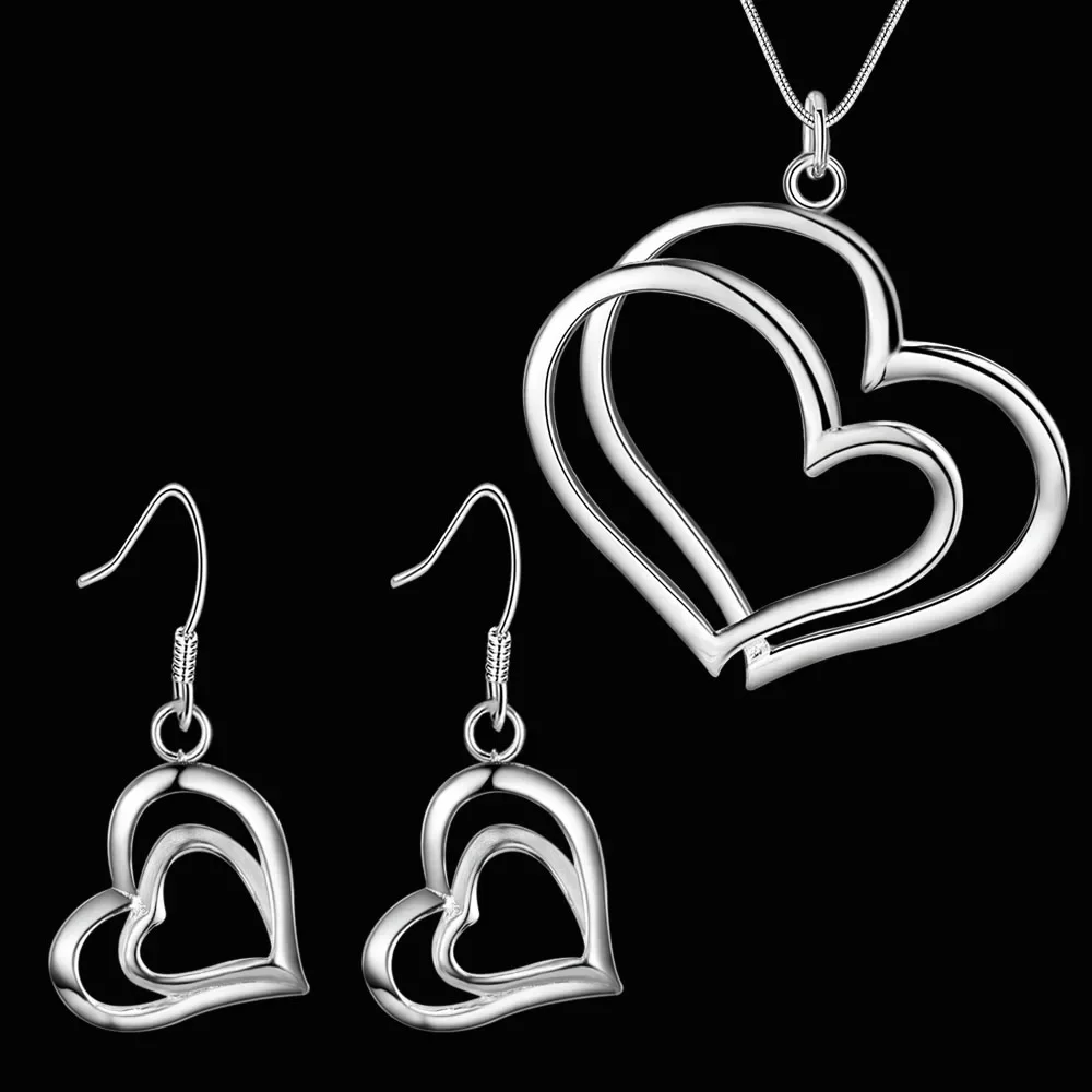 Hot 925 Sterling Silver Jewelry Sets for Women Fine Double Heart Earrings Stud Necklace 18 Inch Fashion Party Wedding Girl Gifts