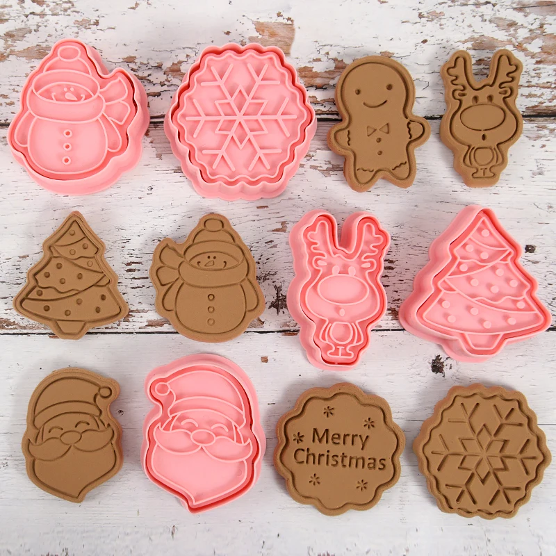 

8pcs Christmas Cookie Cutter Plastic Mold Cartoon Santa Claus Elk Snowflake Biscuit Mold Embosser Stamp Fondant Xmas Baking Tool