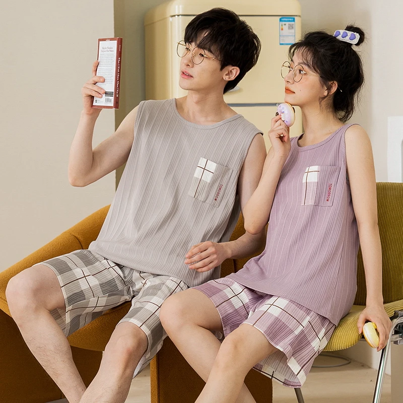 2024 new summer women's pajamas round neck vest + shorts casual simple cotton striped plaid home service couple pajamas men