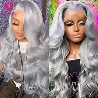 Perruque Lace Front Wig Body Wave Naturelle, Cheveux Humains, Couleur Grise Argent, Pre-Plucked, Transparent HD, 13x4 1