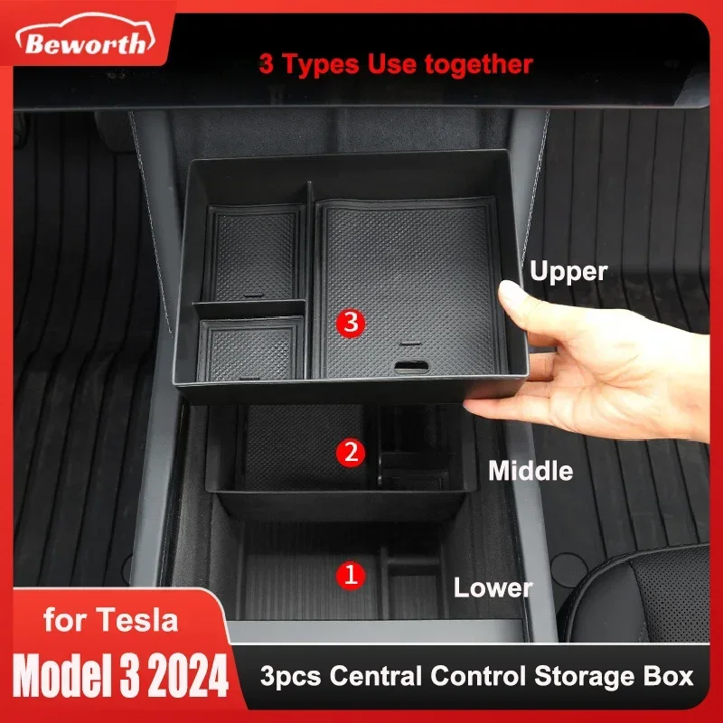 3PCS For Tesla Model 3 Highland 2024 Central Control Storage Box Flocking ABS Central Organizer Stowing Tidying Car Accessories