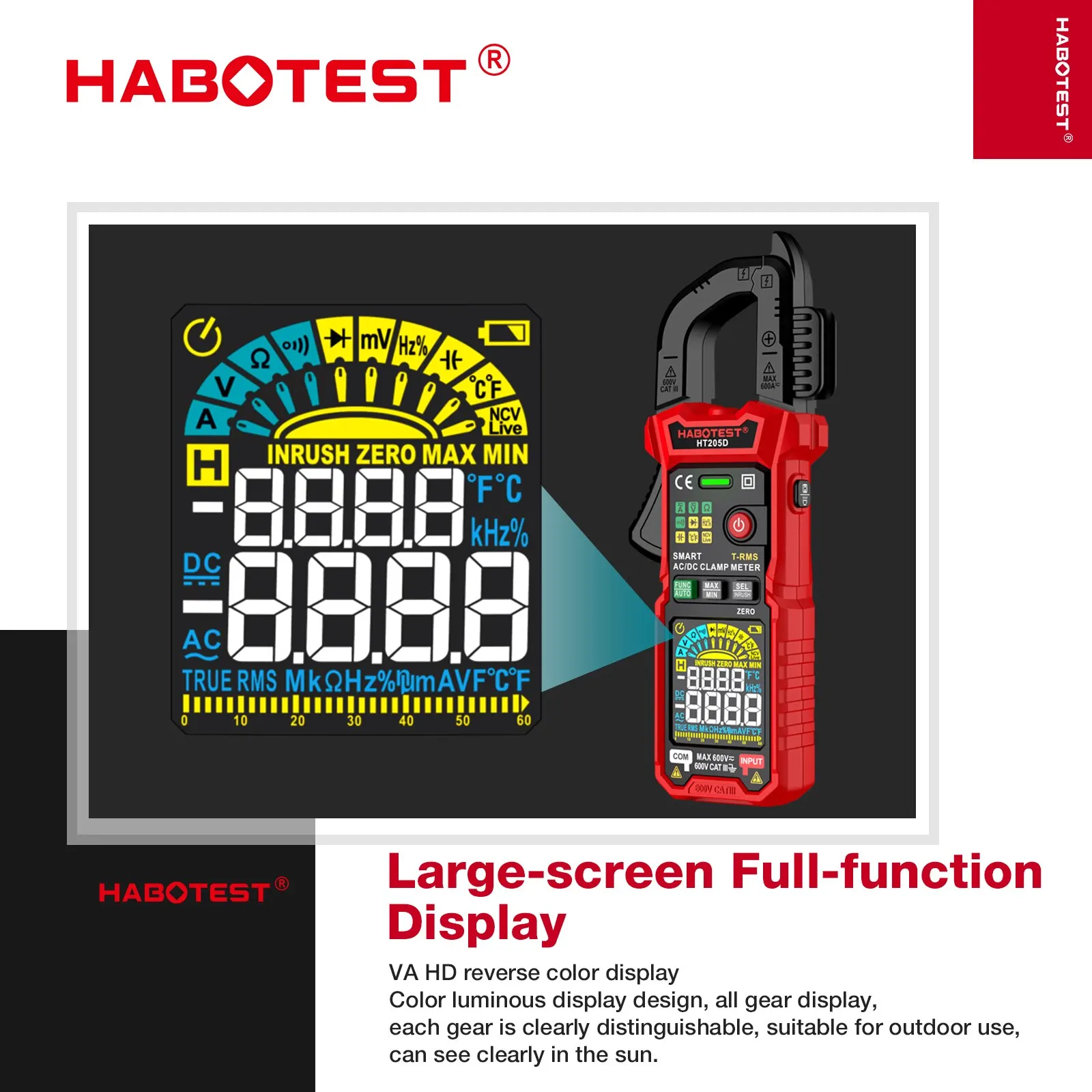 HABOTEST HT203/HT205/HT206 Clamp Meter Multimeter Auto Range True RMS NCV DC AC Voltage Current Temperature Professional Tester digital multimeter clamp meter