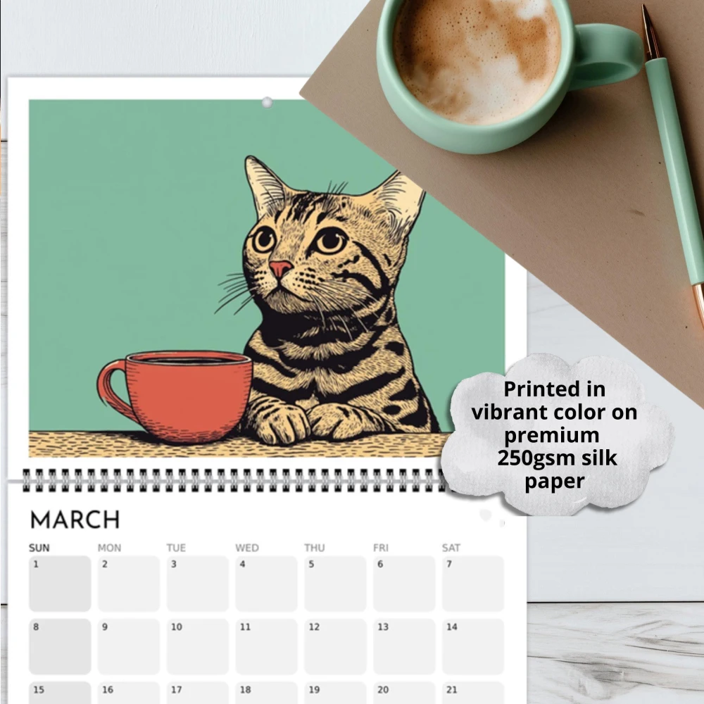 Calendario da Parete 2027: Illustrazione di Gatti Divertenti e Rilassanti con Tema Caffè, Calendario Mensile Personalizzato per 12 Mesi - immagine 5