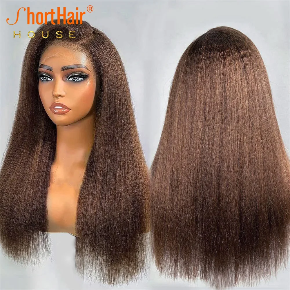 Brown Human Hair Wigs 4C Hairline Kinky Straight Lace Wigs Glueless 13x4 Lace Frontal Closure
