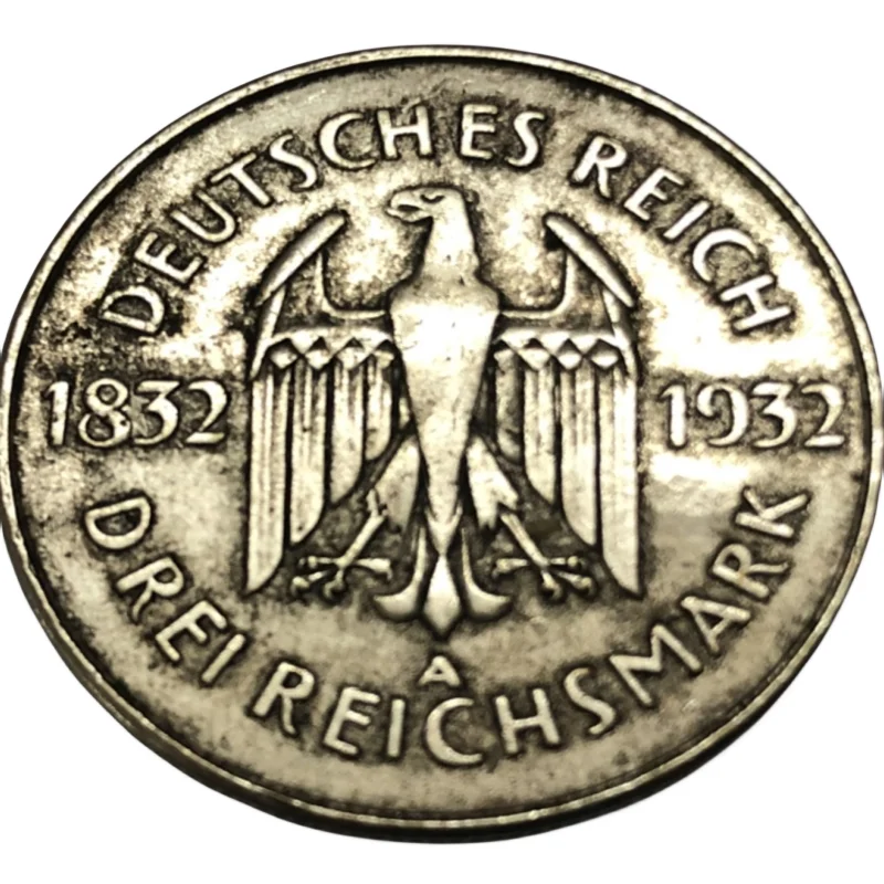 1932 Germania 3 Reichsmark Goethe Argento Placcato Moneta Copia