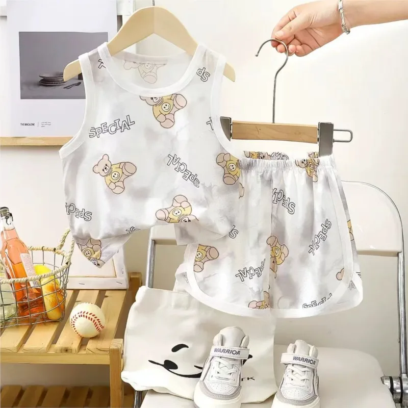 Children's Ice Silk Qui Dry Thin Sport Vest Set Summer Home Clothes Spwear Two Piece Set for Boys And Girls