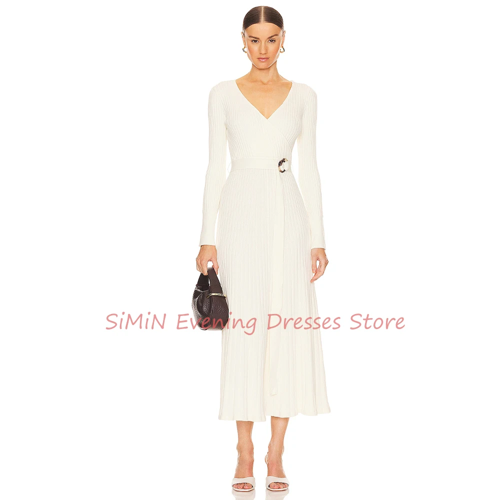 

Simin Saudi V-Neck Long-Sleeves A-Line Ruffle Crepe Sash Ankle-Length Arabia Sexy Evening Birthday Club Outfits Summer 2024