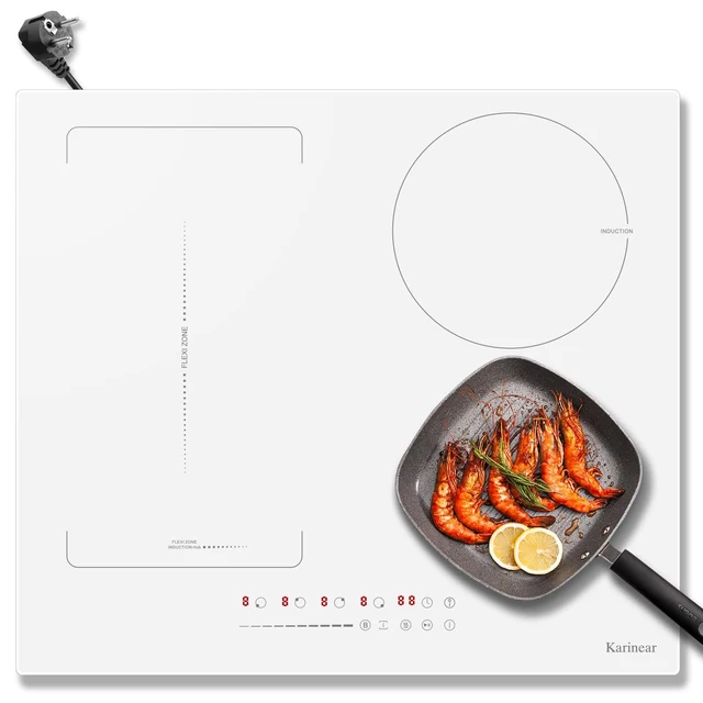 Karinear Plaque Induction 4 Feux avec Fiche, 59CM Encastrable Plaque de Cuisson, Verre Blanc, 3500W, Zones combinées, commandes à curseur, 9 niveaux de puissance, 240V 1