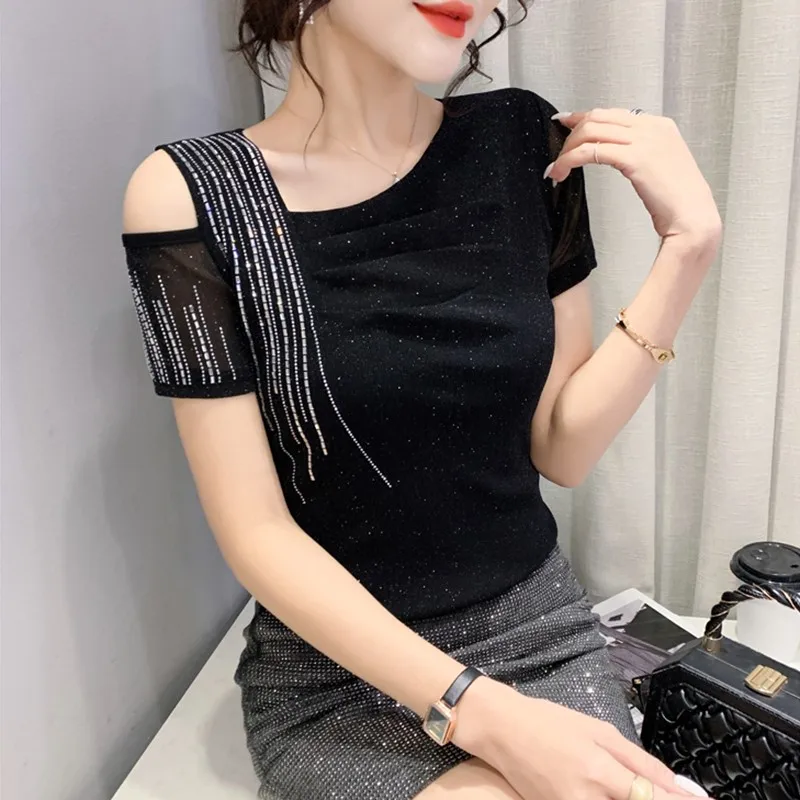 Sexy oulder Bared T irt Women's ort Sve Faionable Glittering Drill Upper Body Me Small irt Trendy Summer Wear