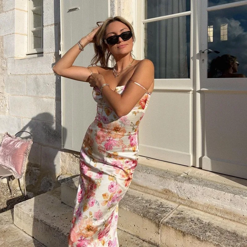 Sleeveless Sling Sexy Slim Fit Flower Print Women Prom Evening Dress Fashion Lace Backless Party Long Dresses