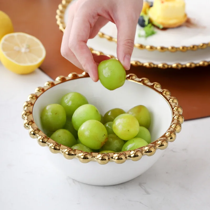 Nordic Ceramic Plates and Bowls Set Gold Round Dot Edge Steak Plate Salad Tableware Dessert Bowl Home Dinner Dishes