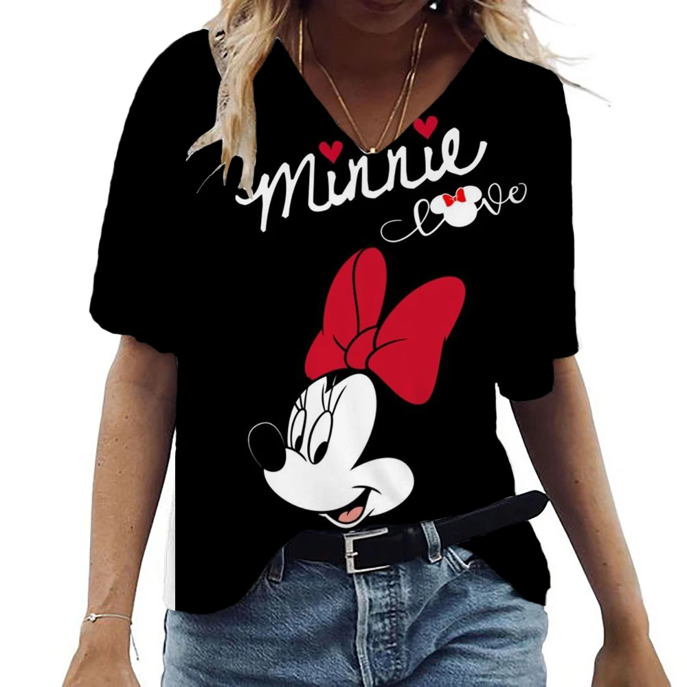 Disney Women's T-shirt 2024 Summer New Beach Style V-neck T-shirt Short Sleeved T-shirt Mickey Y2k Hot Selling 4