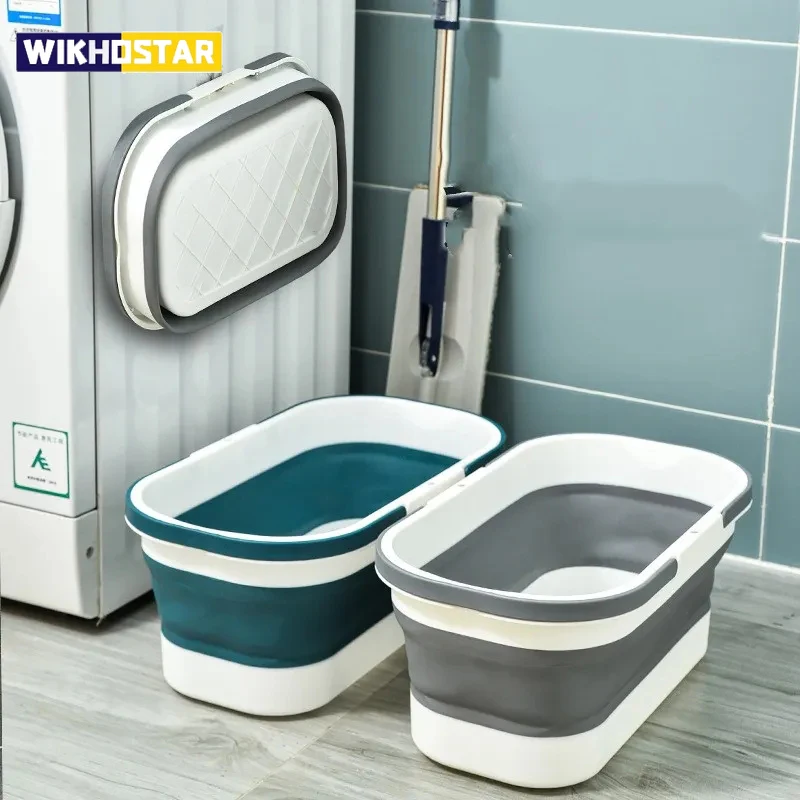 WIKHOSTAR Large Collapsible Plastic Bucket Foldable Mop Bucket Laundry Basket with Handle for House Cleaning Rectangular Basket folding storage bucket