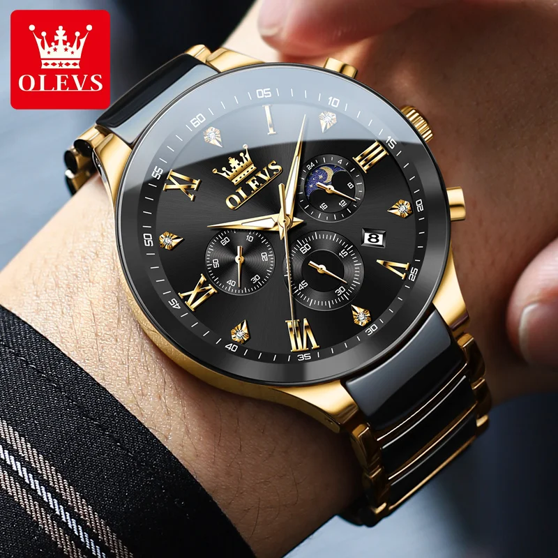 OLEVS Original Quartz Watch for men Luxury Ceramic Strap Men's Watches Moon Phase Waterproof Luminous Wristwatch Reloj de Hombre