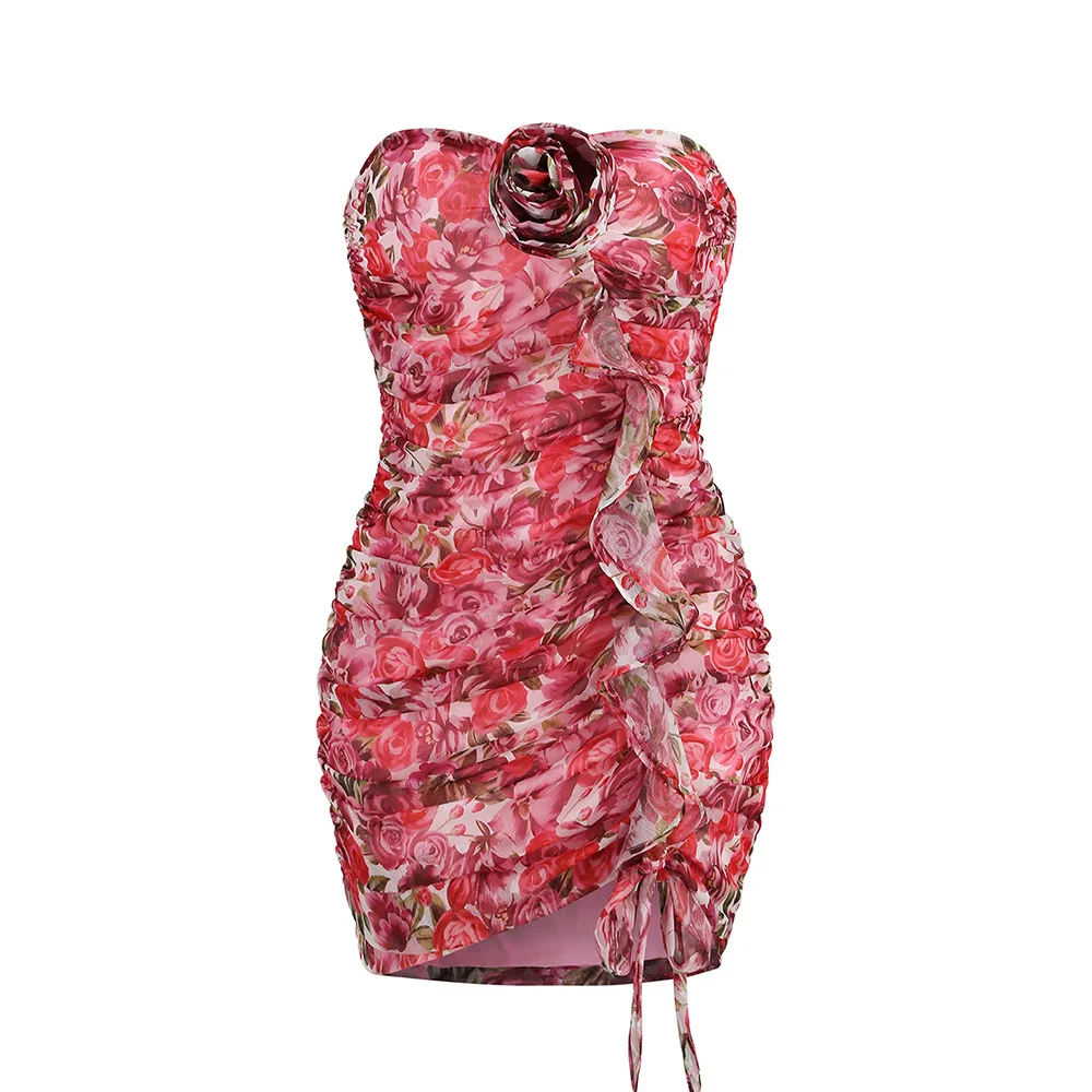 

Retro Floral Printed Women's Dress Sexy Strapless Ruffle Dresses for Women Birthday Outfits 2024 Spring Skinny Bohemia Gowns