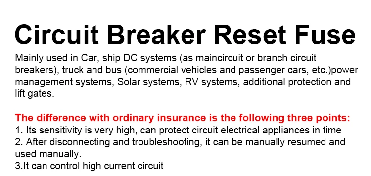 Description Picture 3 of itemCircuit Breaker Reset Fuse 12v 24v 48v DC 20A-300A 250A Solar Fuse Car Boat Audio Manual Power Protect Fuse Resettable Insurance