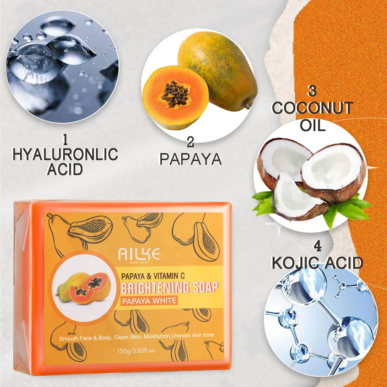 AILKE Skin Whitening Handmade Soap -Organic Papaya Soap For Black Spots, Clean Stains, Improves Dull Skin, Face & Body & Hands 4