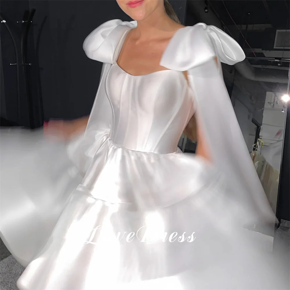 Customized Elegant Short A-Line Tiered Stain Pleats Bow Spaghetti Straps Wedding Dress Above Knee Bridal Gown Elegant Vestido 3