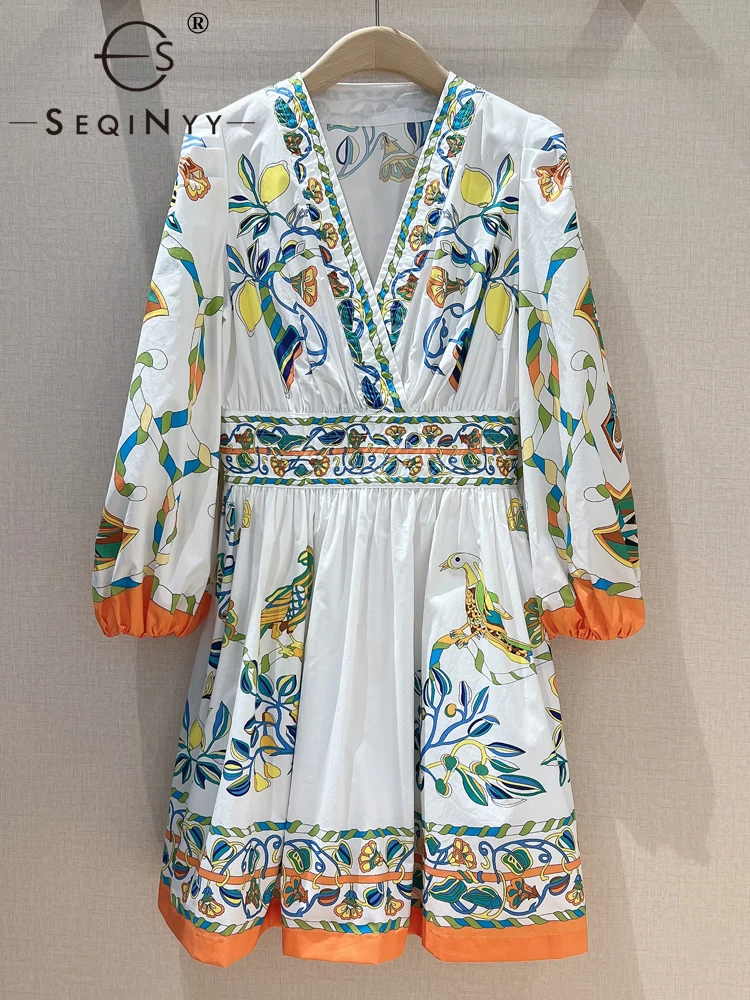 

SEQINYY 100% Cotton Dress Summer Spring New Fashion Design Women Runway V-Neck Vintage Flowers Fruit Print White Mini Casual