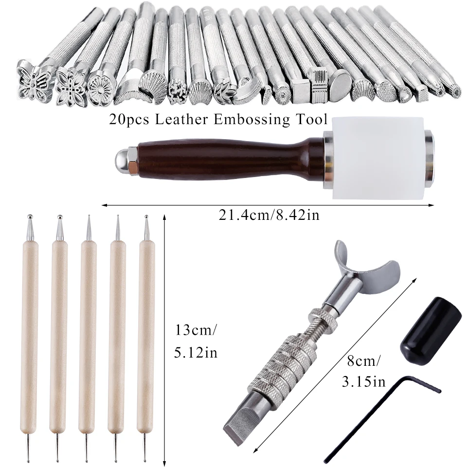 KRABALL Leather Stamping Kit Stainless Steel Leather Carving Tools Rubber Hammer Working Saddle Making for Craft