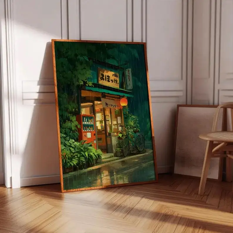 Ghibli-Inspired Street Cafe Scene Wall Art Print