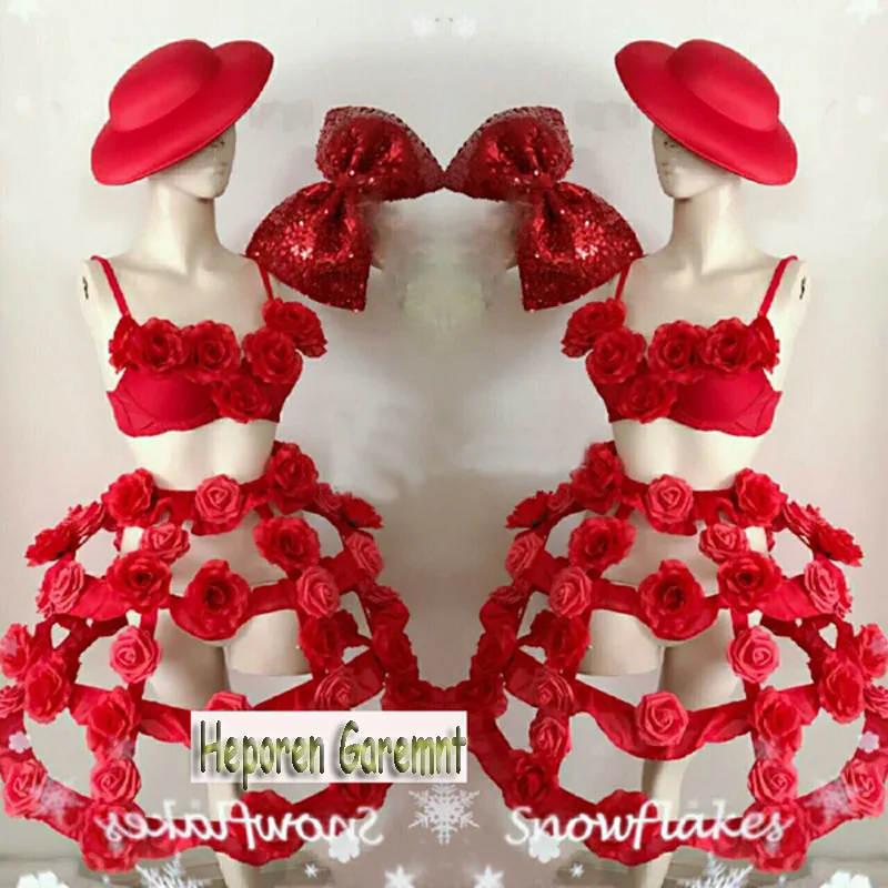 Valentine's Day Red Rose Flower Hollow Out Tiered Skirt With Hat Adult Party Bird Cage Layered Dress Sexy Costumes For Lover