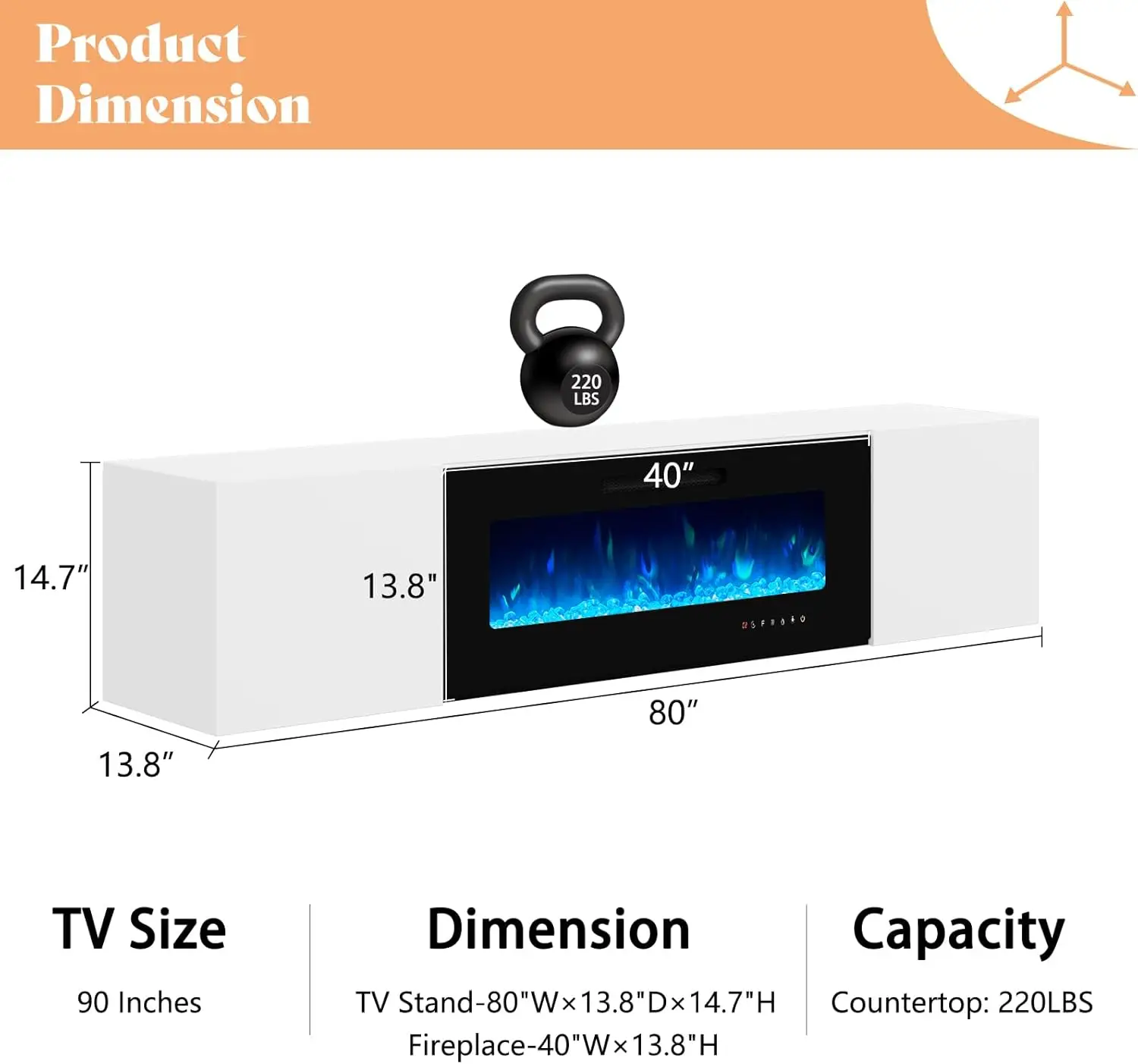 Floating Fireplace TV Stand Wall Mounted 40 "electric Fireplace Modern LED Lights Media Console Can Play 90" TV White 6