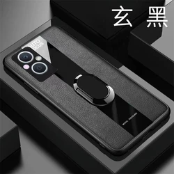 Luxurious Leather Magnetic Ring Phone Case with Silicone Shockproof Bumper for Oppo Reno 7 Lite 5G (Black)