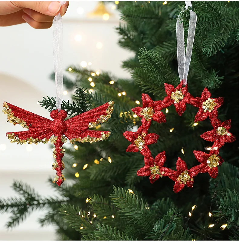 2025 Christmas Tree Ornaments Natal Gold Sparkle Elk Butterfly for Christmas Tree Hanging Pendants 2026 New Year Navidad Decor