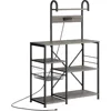 JAMFLY Bakers Rack with Power Outlet, Microwave Stand, kitchen Storage Shelf with 6 Hooks, Coffee Bar Station with Wire Basket, 1
