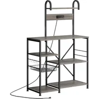 JAMFLY Bakers Rack with Power Outlet, Microwave Stand, kitchen Storage Shelf with 6 Hooks, Coffee Bar Station with Wire Basket, 1