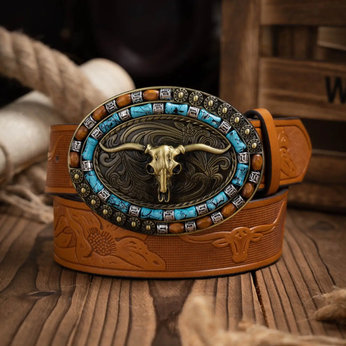 Cintura Western Cowboy In PU – Fibbia Longhorn – Floreale In Rilievo – 110/120 Cm – Unisex