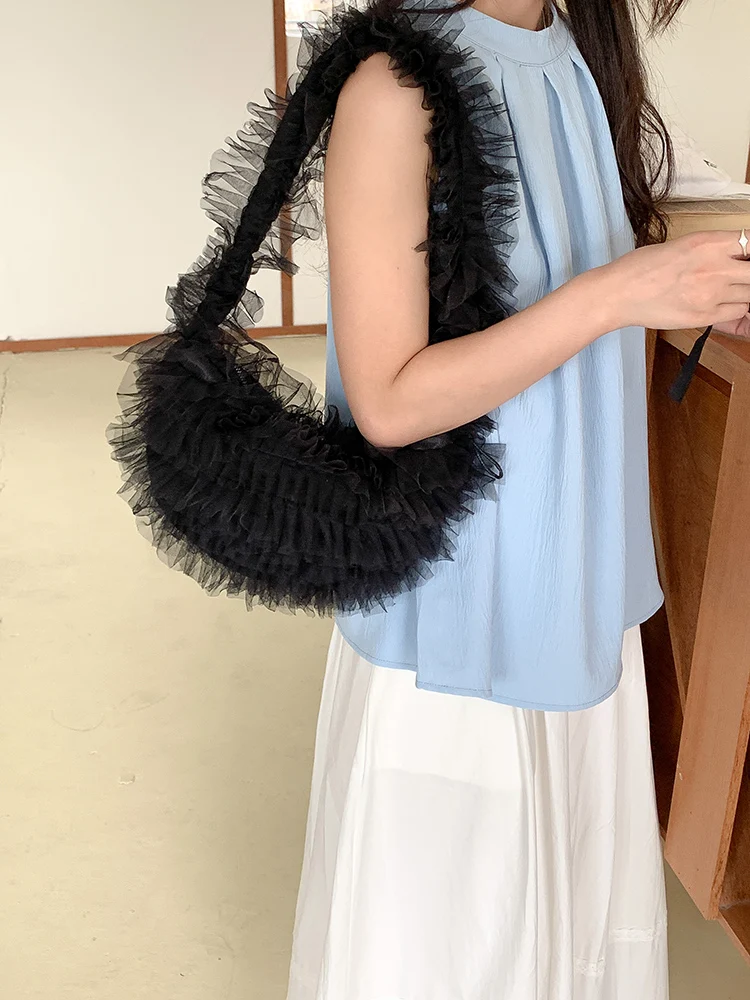 Japanese Pink Sweetheart Hand Carry Creative Design Mesh Bag Sweet Ruffle Pleated Chiffon Shoulder Bag Dumpling Armpit Bag Women 6