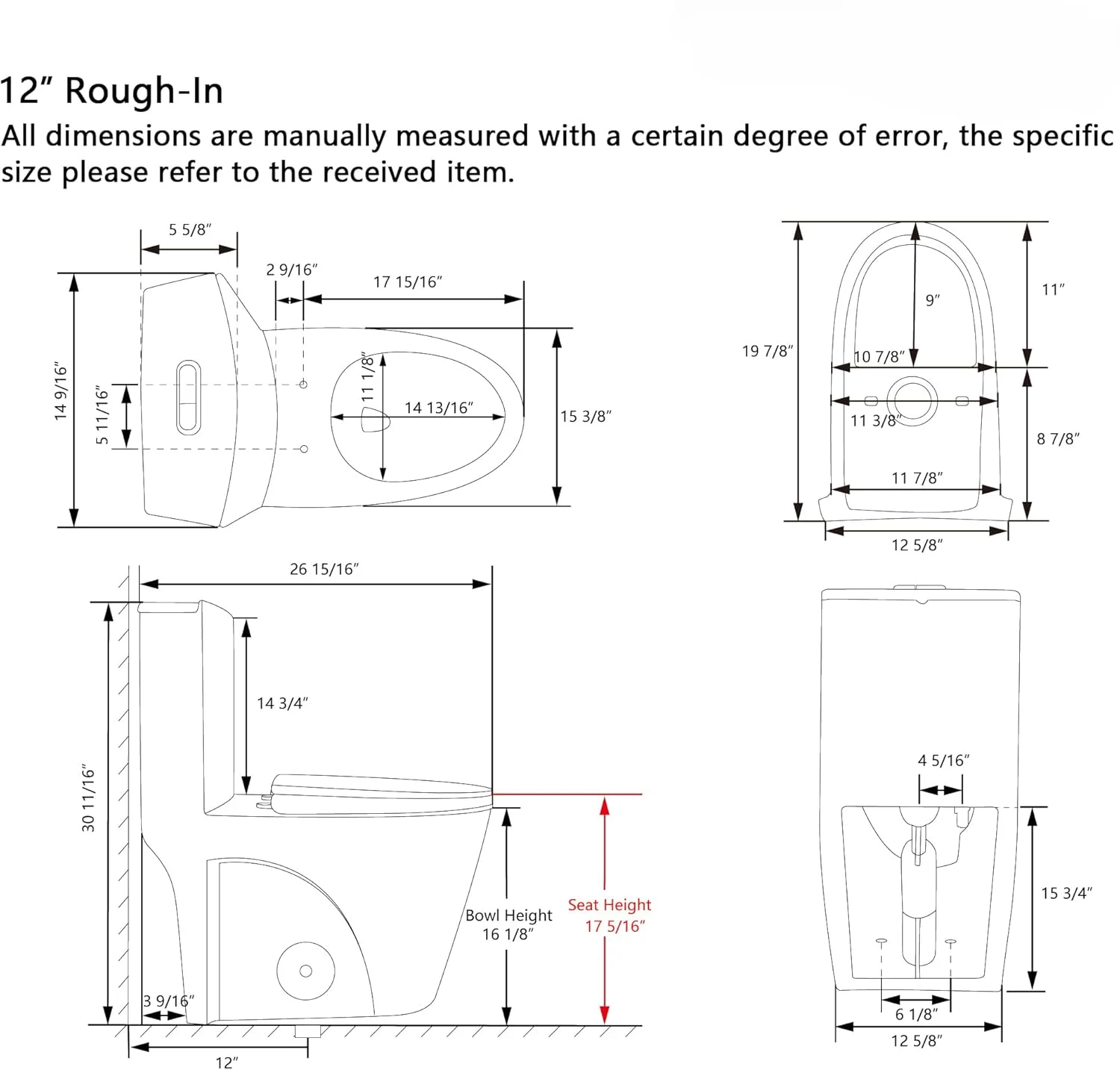 Elongated 1-Piece Toilet: 17" Comfort Height, Dual Flush 1.1/1.6 GPF, MAP 900g, 12'' Rough-In, Bathroom Toilet Bowl