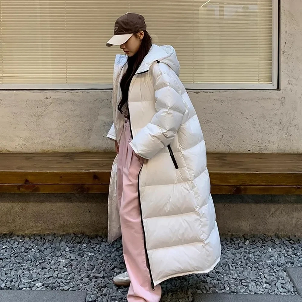 

2024 Winter New Women Long 90% White Duck Down Hoodie Coat Oversize Loose Hooded Overcoat Snowwear Plus Size